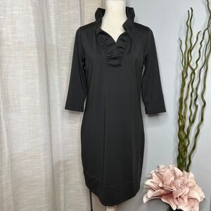 Gretchen Scott Ruffneck Jersey Dress Black 3/4 Sleeve Knee Length Women's Medium